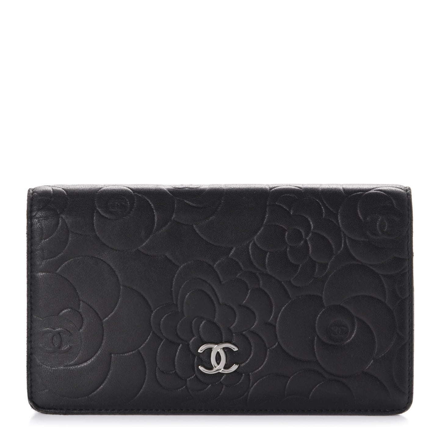 Lambskin Camellia Embossed Yen Wallet Black
