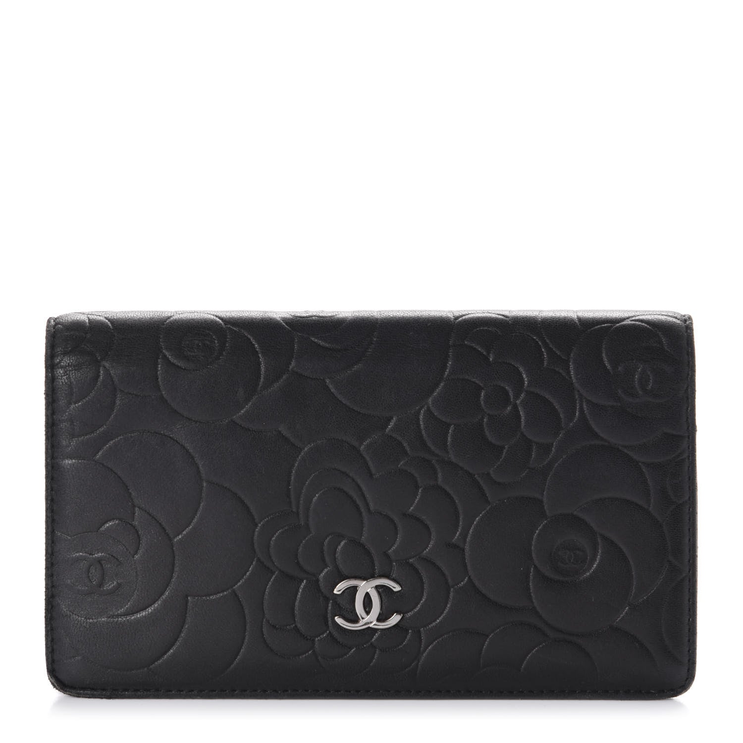 Chanel Lambskin Camellia Embossed Yen Wallet Black 1 of 10