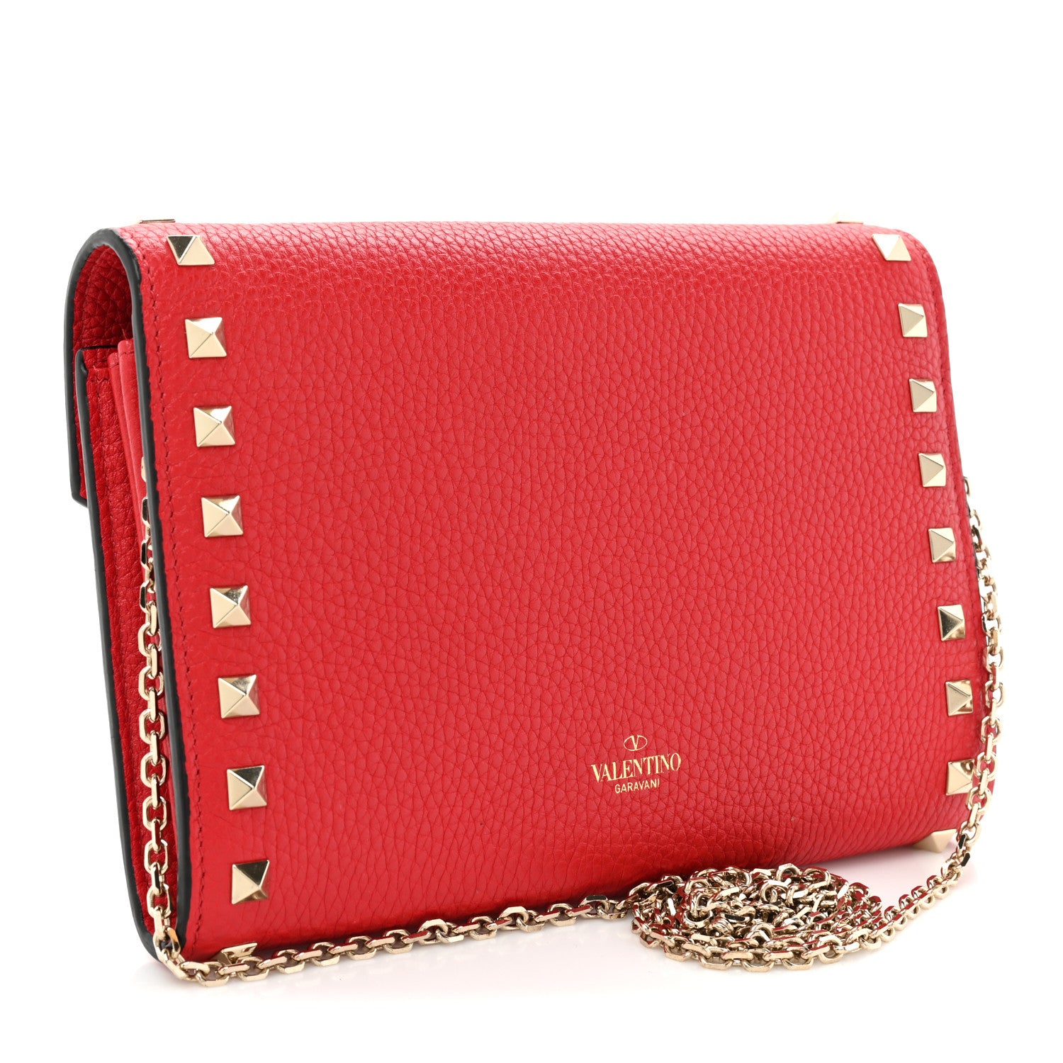 Valentino Garavani Pebbled Calfskin Rockstud Envelope Wallet on Chain Rouge Pur 3 of 12