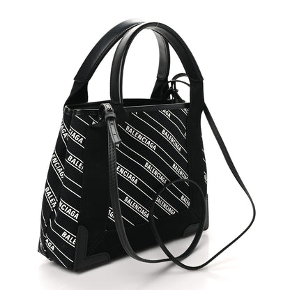 Balenciaga Cotton Canvas Calfskin Logo Print Navy Cabas XS Black White 3 of 11
