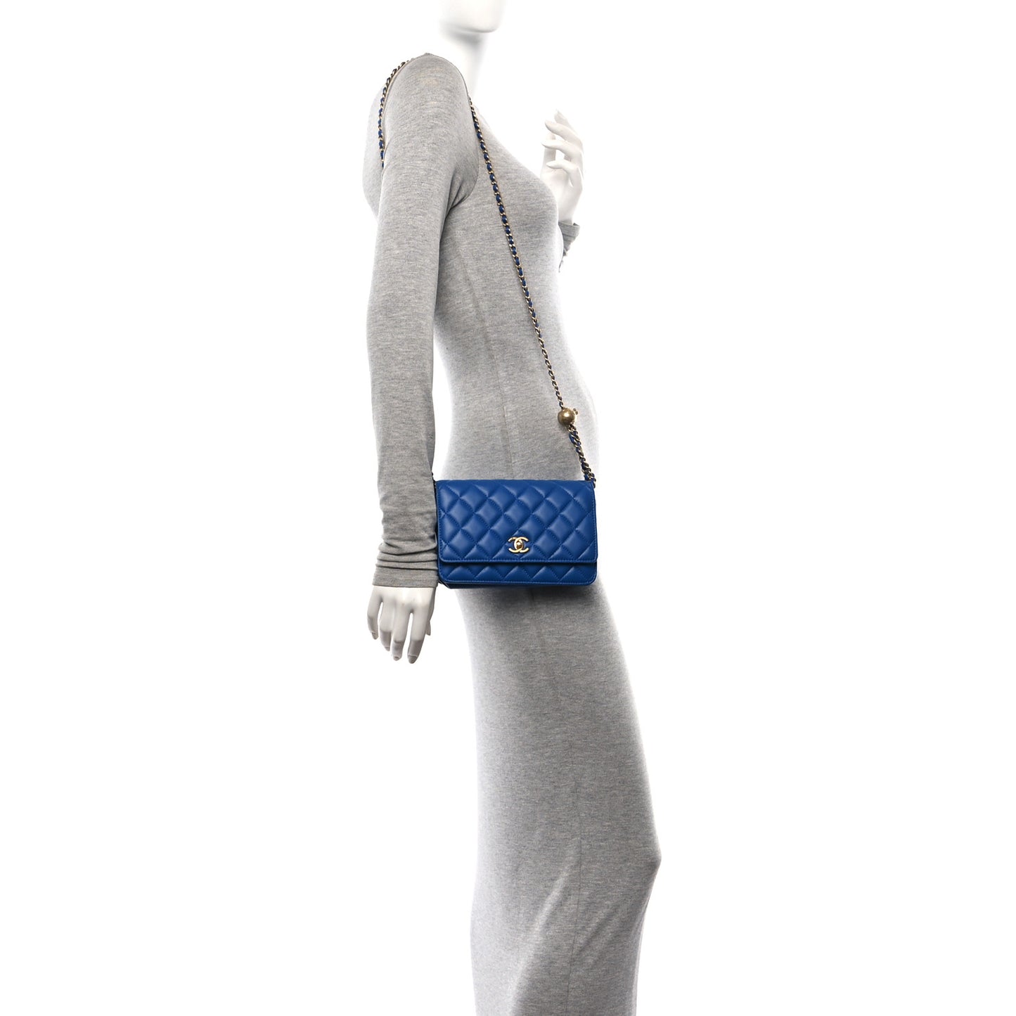 Lambskin Quilted CC Pearl Crush Wallet on Chain WOC Blue
