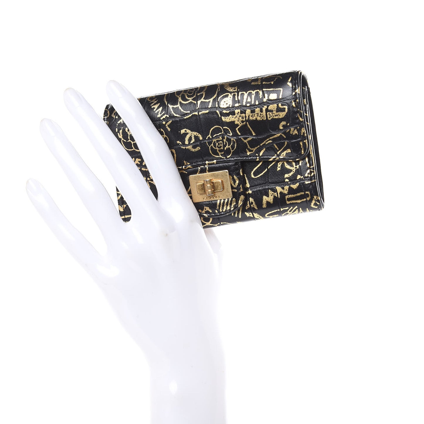 Calfskin Crocodile Embossed Graffiti 2.55 Cocodile Reissue Flap Card Holder Black Gold