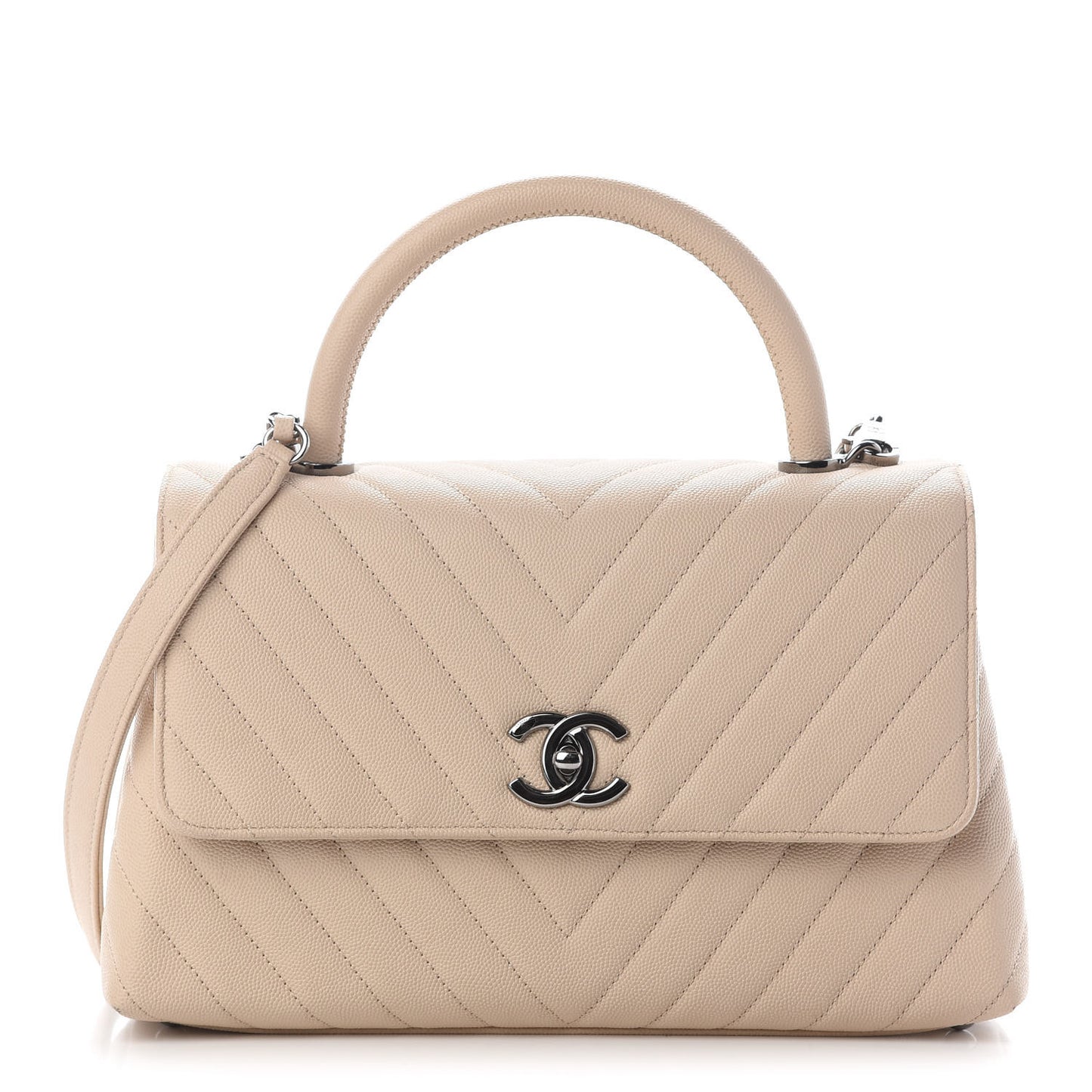 Caviar Chevron Quilted Small Coco Handle Flap Light Beige