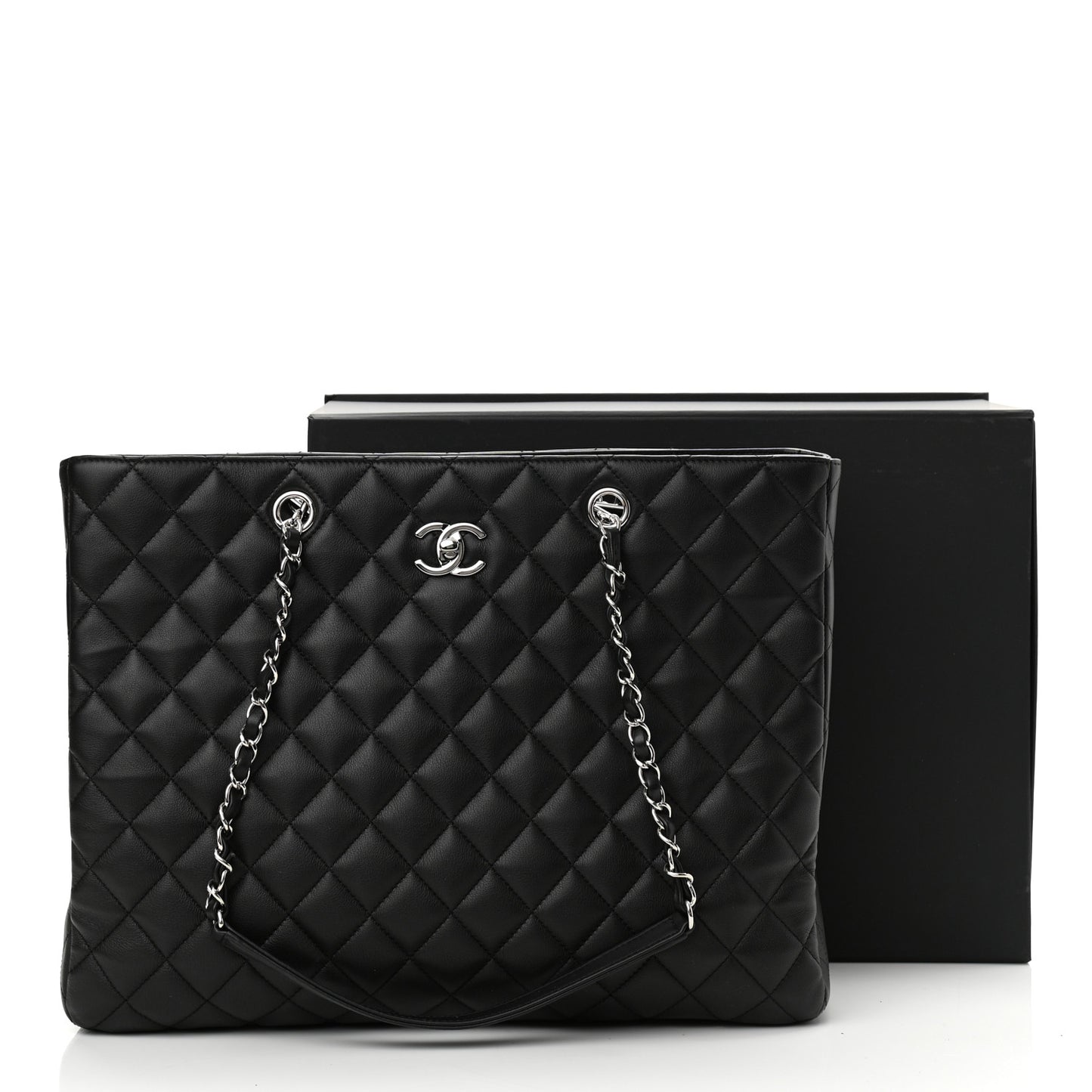 Calfskin Quilted Large Classic Shopping Tote Black