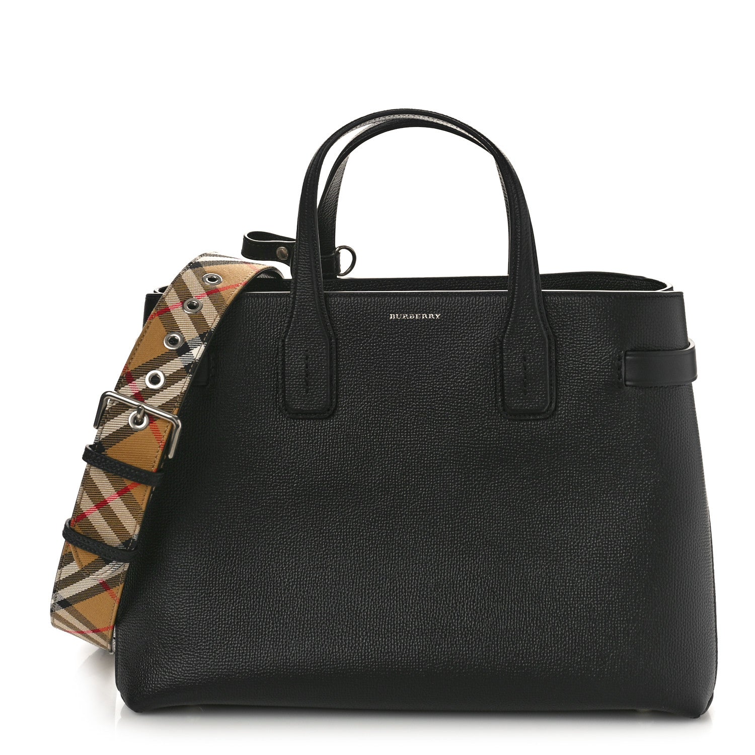 Burberry Grainy Calfskin House Check Medium Banner Tote Black 1 of 8