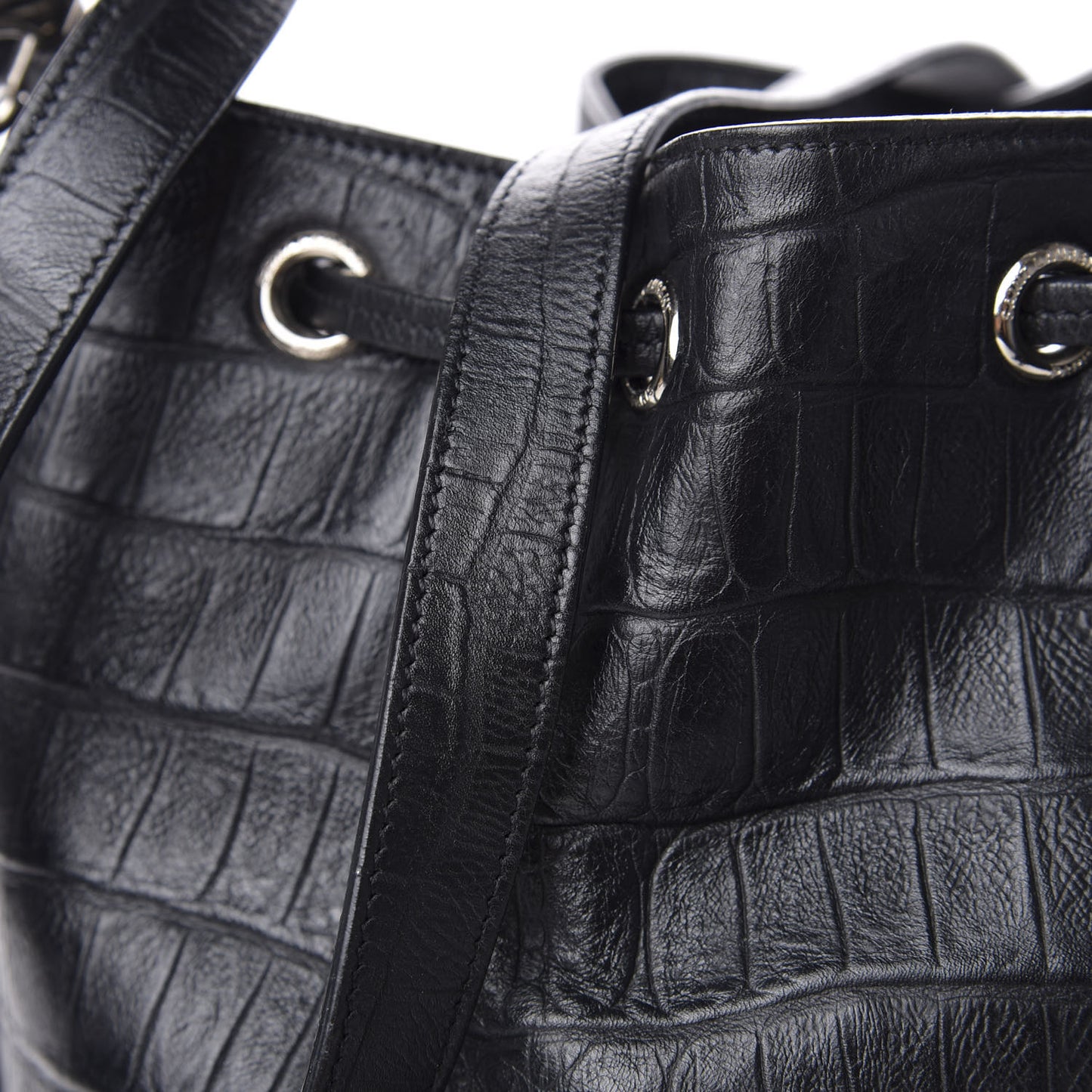 Calfskin Crocodile Embossed Large Emmanuelle Bucket Bag Black