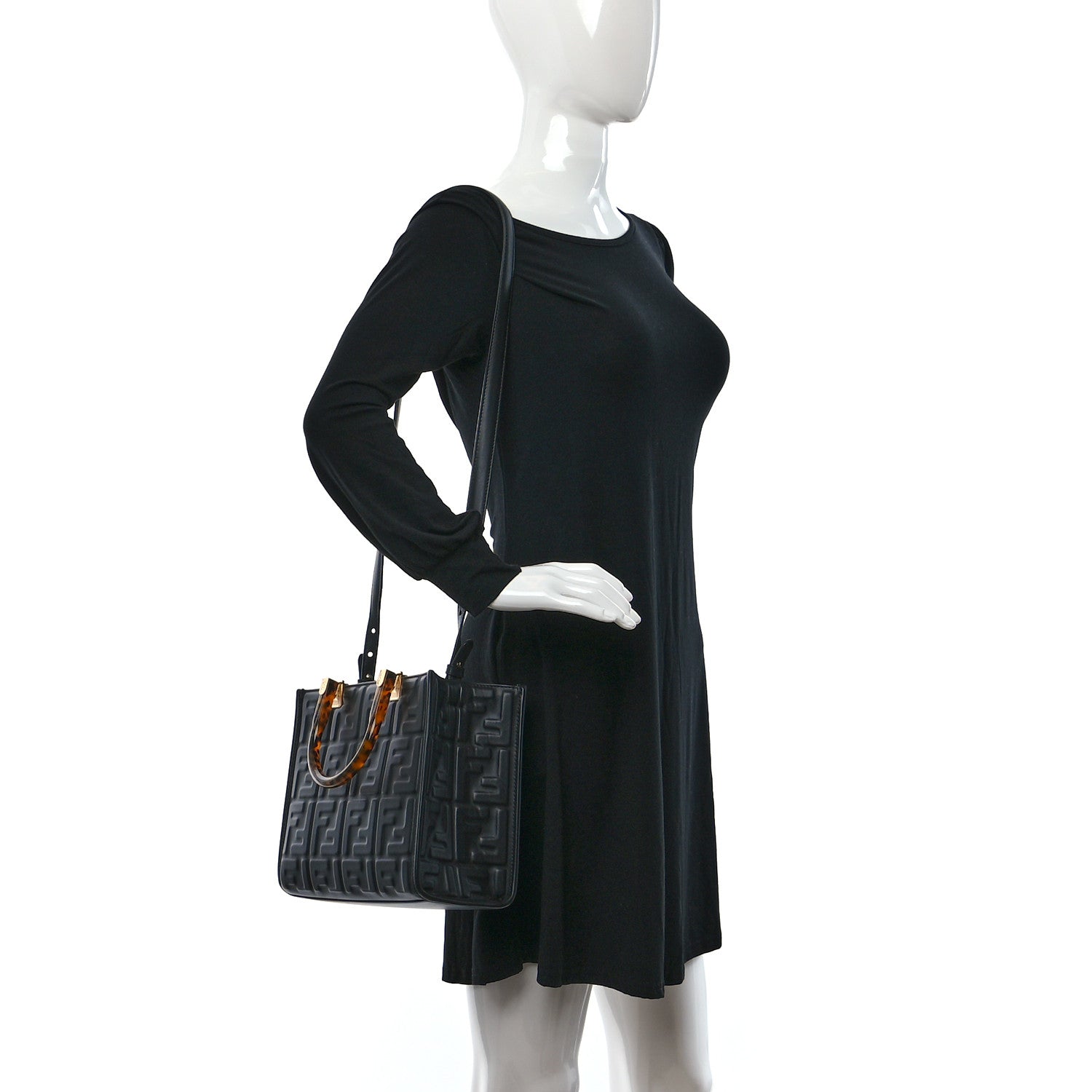 Fendi Vitello Plexiglass FF Embossed Small Fendi Sunshine Shopper Tote Black 2 of 8