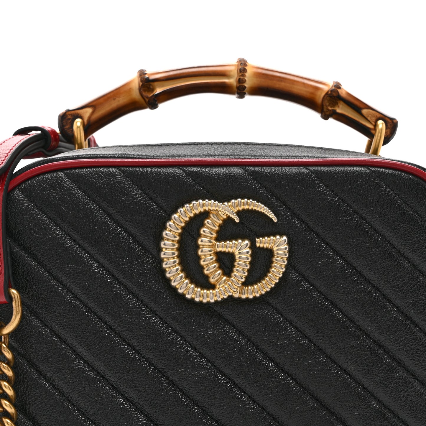 Vintage Effect Calfskin Matelasse Diagonal Small Torchon GG Marmont Bamboo Top Handle Shoulder Bag Black Romantic Cherry