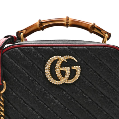 Gucci Vintage Effect Calfskin Matelasse Diagonal Small Torchon GG Marmont Bamboo Top Handle Shoulder Bag Black Romantic Cherry 9 of 11