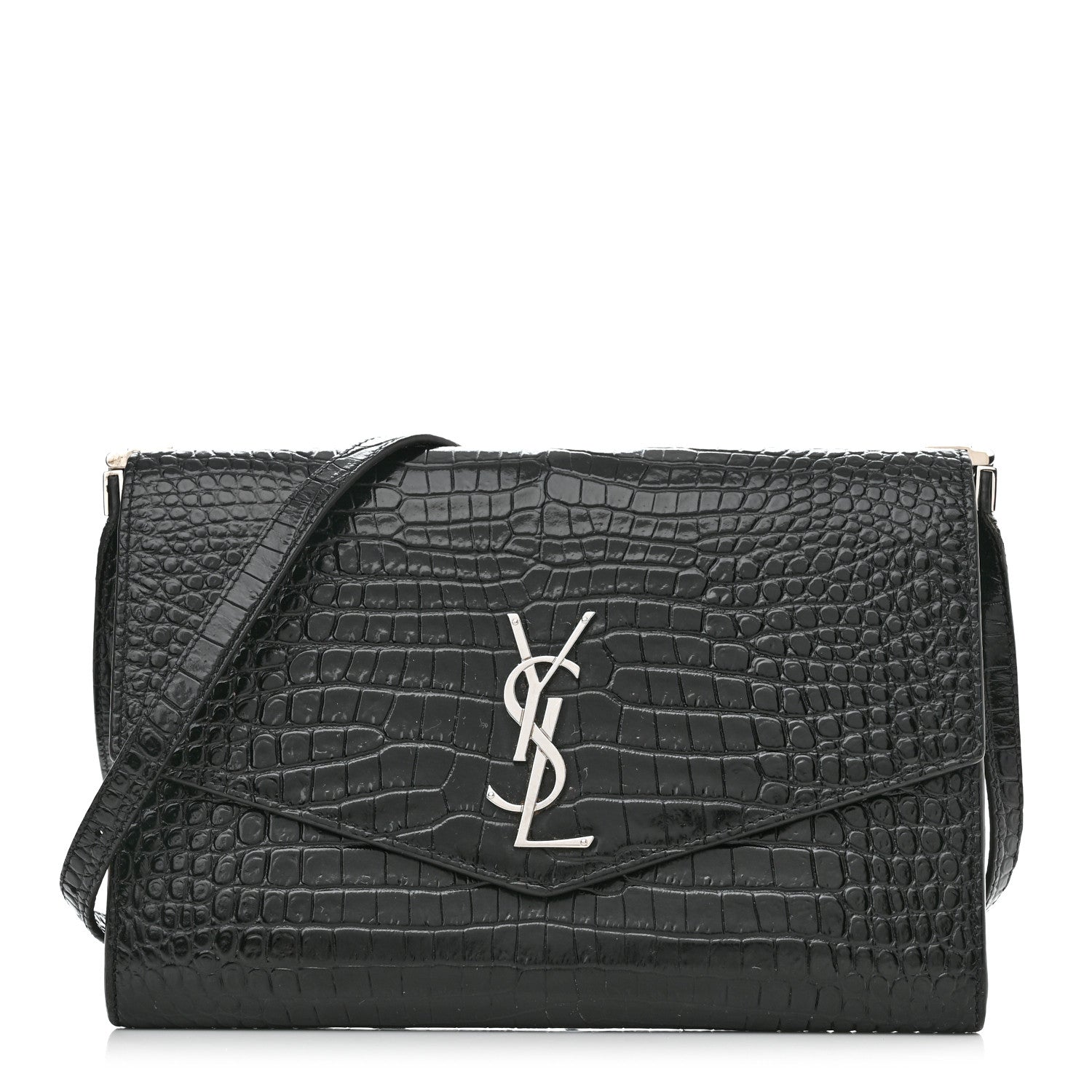 Saint Laurent Calfskin Crocodile Embossed Monogram Mini Uptown Crossbody Black 1 of 16