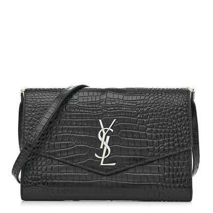 Saint Laurent Calfskin Crocodile Embossed Monogram Mini Uptown Crossbody Black 1 of 16