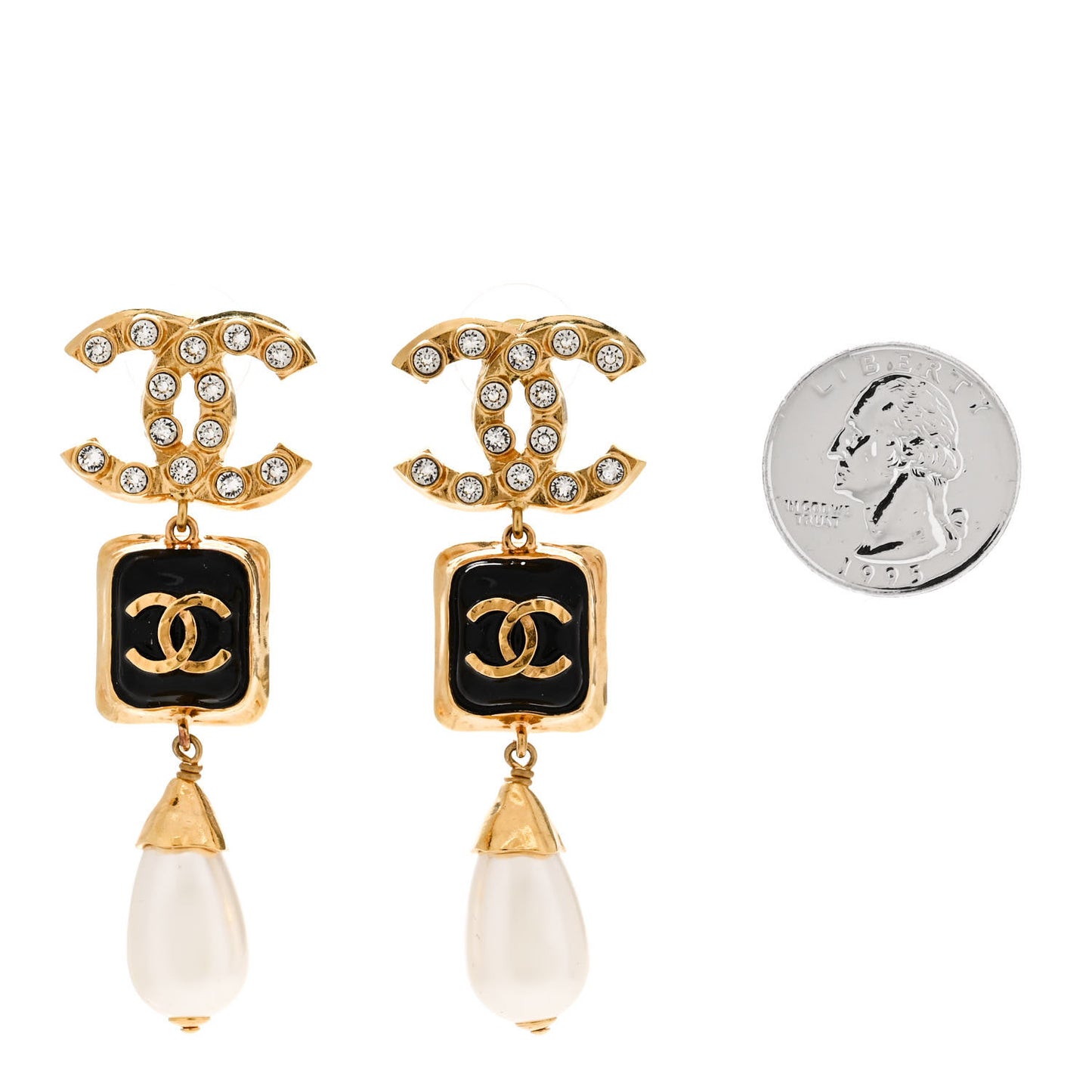 Crystal Pearl CC Drop Earrings Gold White Black
