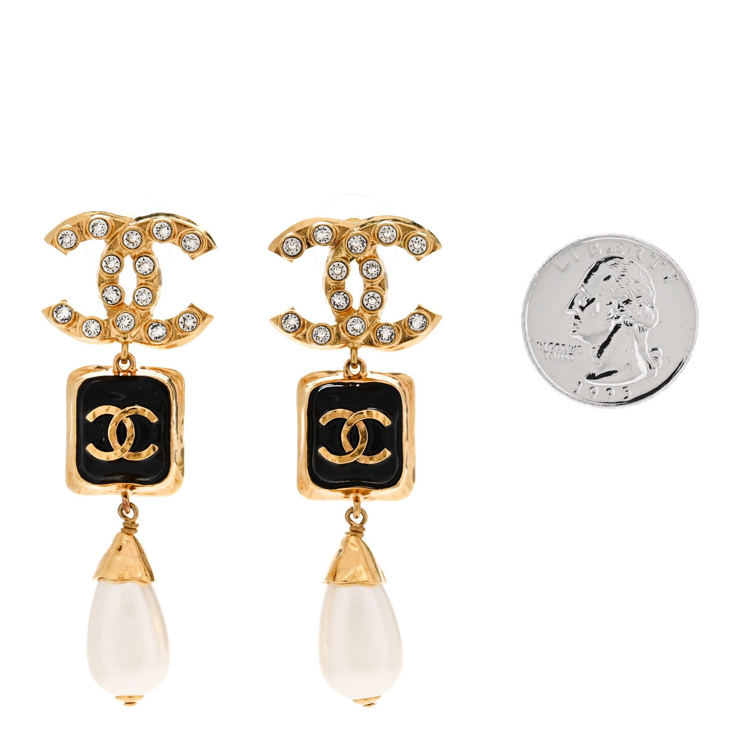 Chanel Crystal Pearl CC Drop Earrings Gold White Black 2 of 5