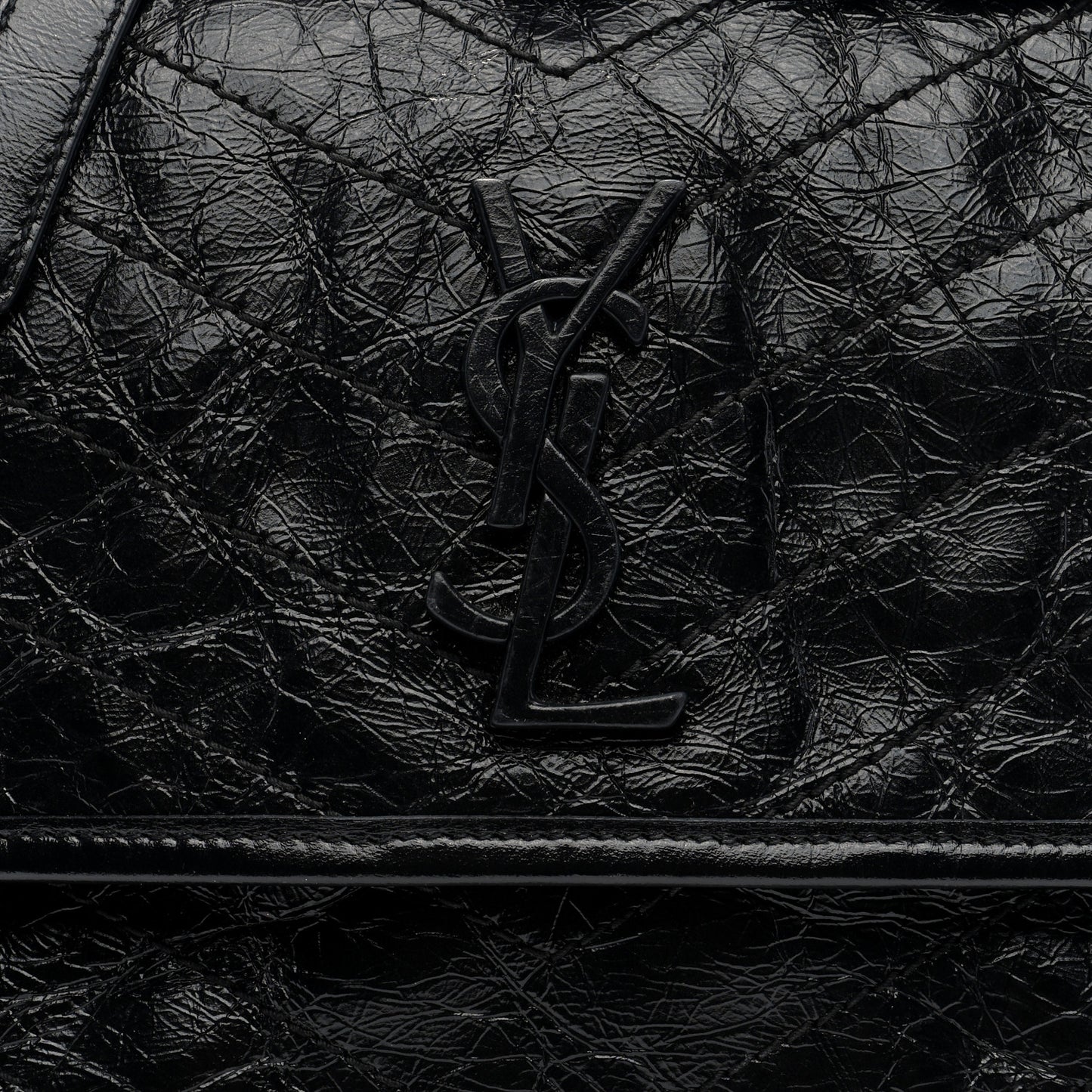 Crinkled Calfskin Matelasse Monogram Medium Niki Chain Satchel Black