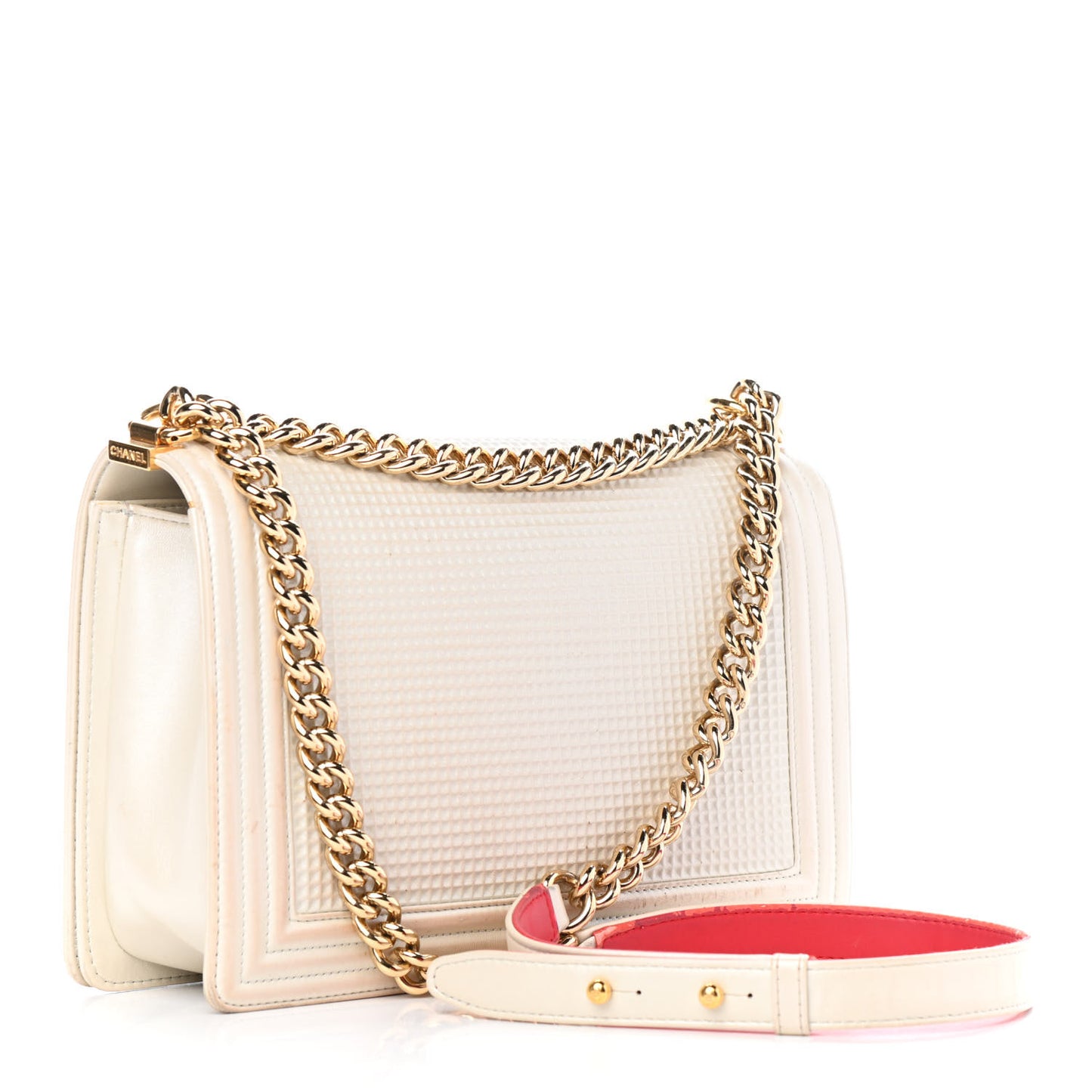 Metallic Lambskin Embossed Large Boy Cube Flap White