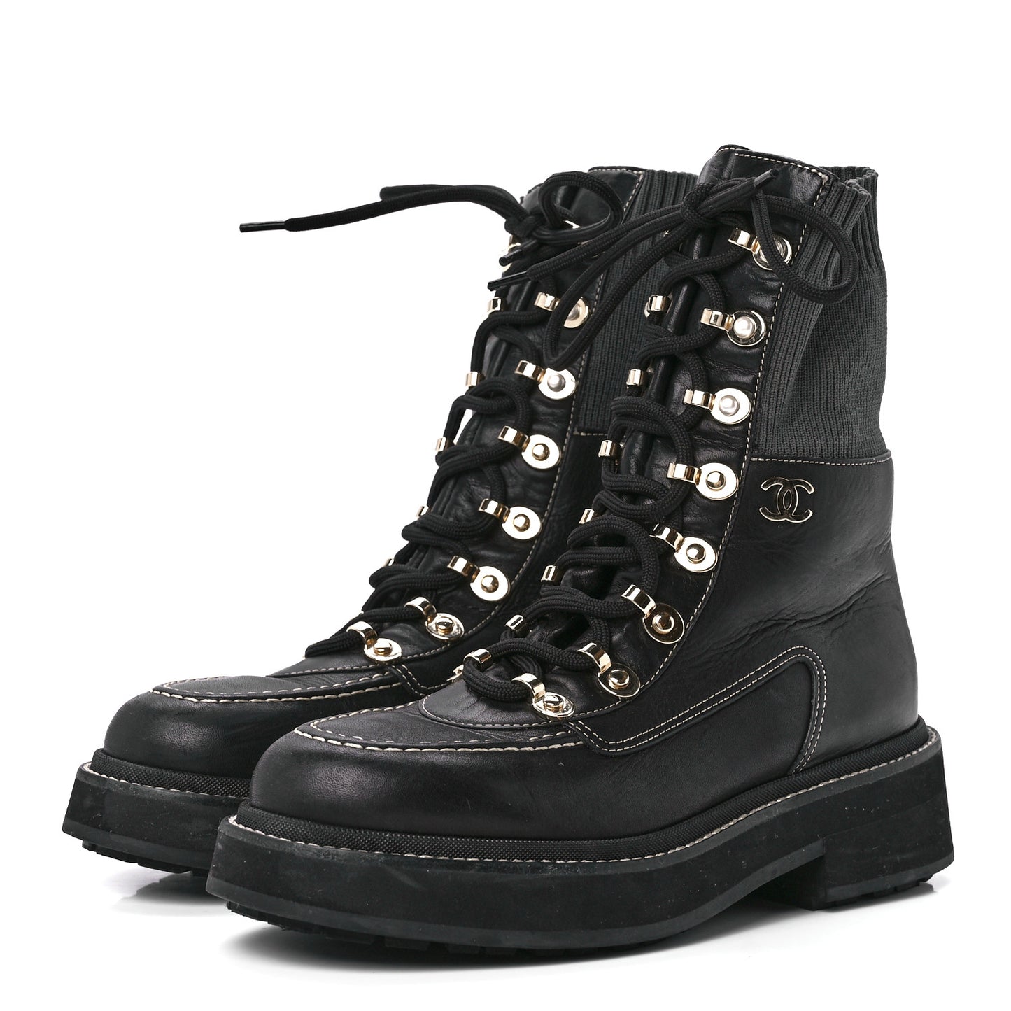Calfskin Knit Lace Up Combat Boots 37.5 Black