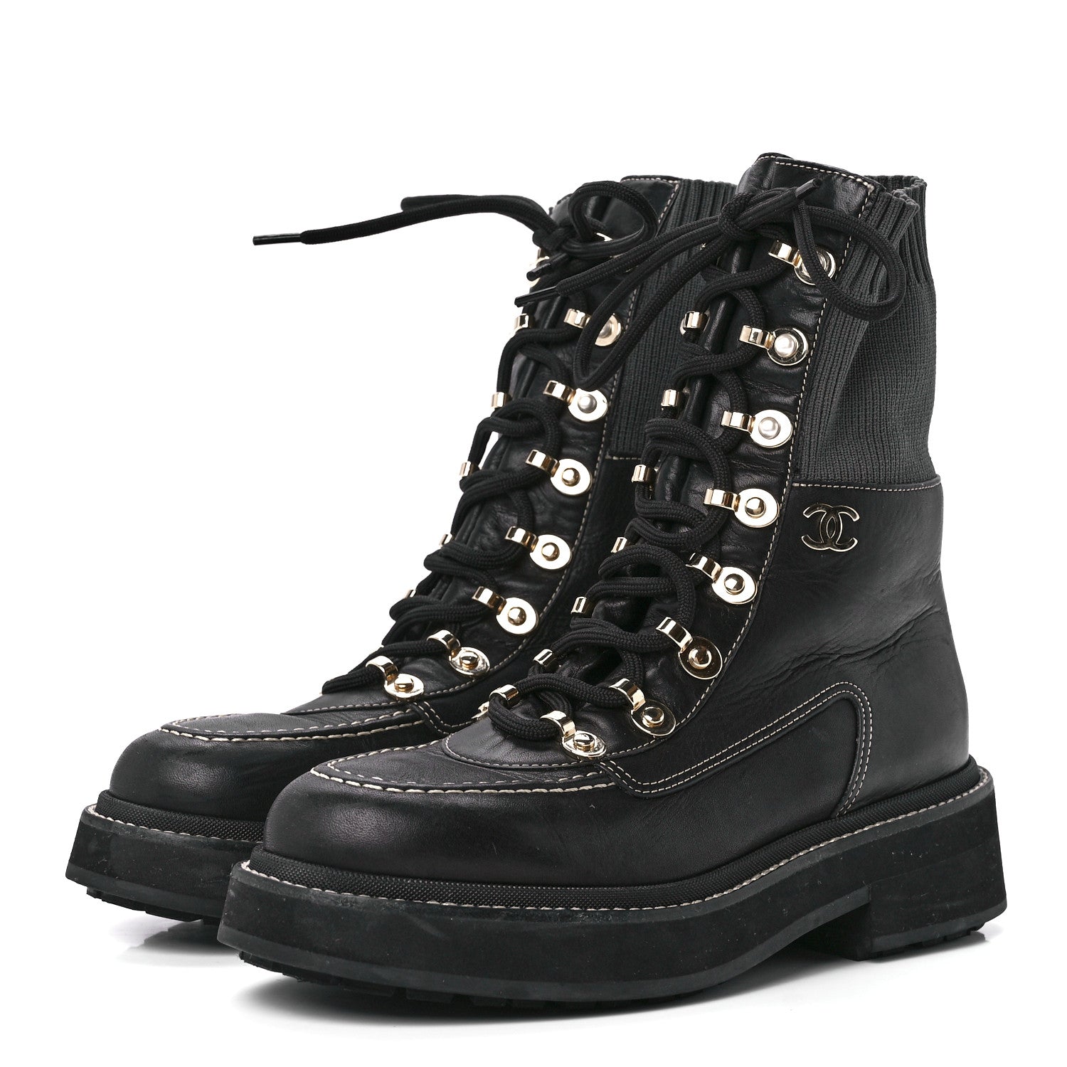 Chanel Calfskin Knit Lace Up Combat Boots 37.5 Black 3 of 7