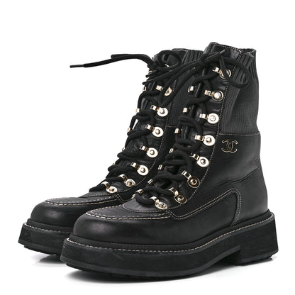 Chanel Calfskin Knit Lace Up Combat Boots 37.5 Black 3 of 7