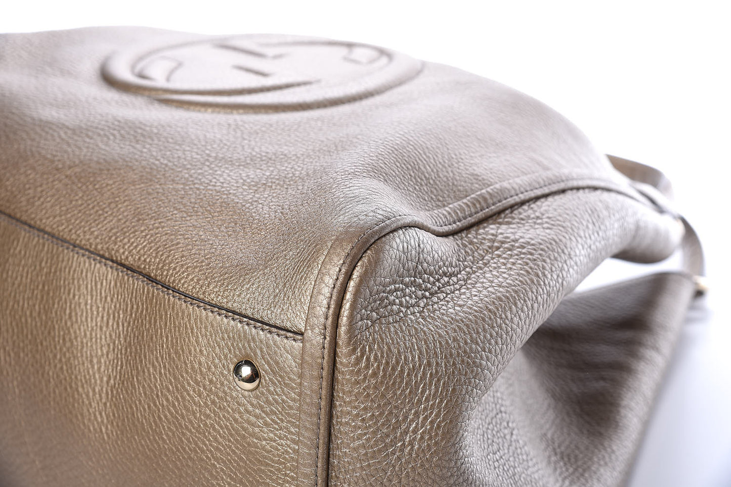 Metallic Pebbled Calfskin Large Soho Shoulder Bag Golden Beige