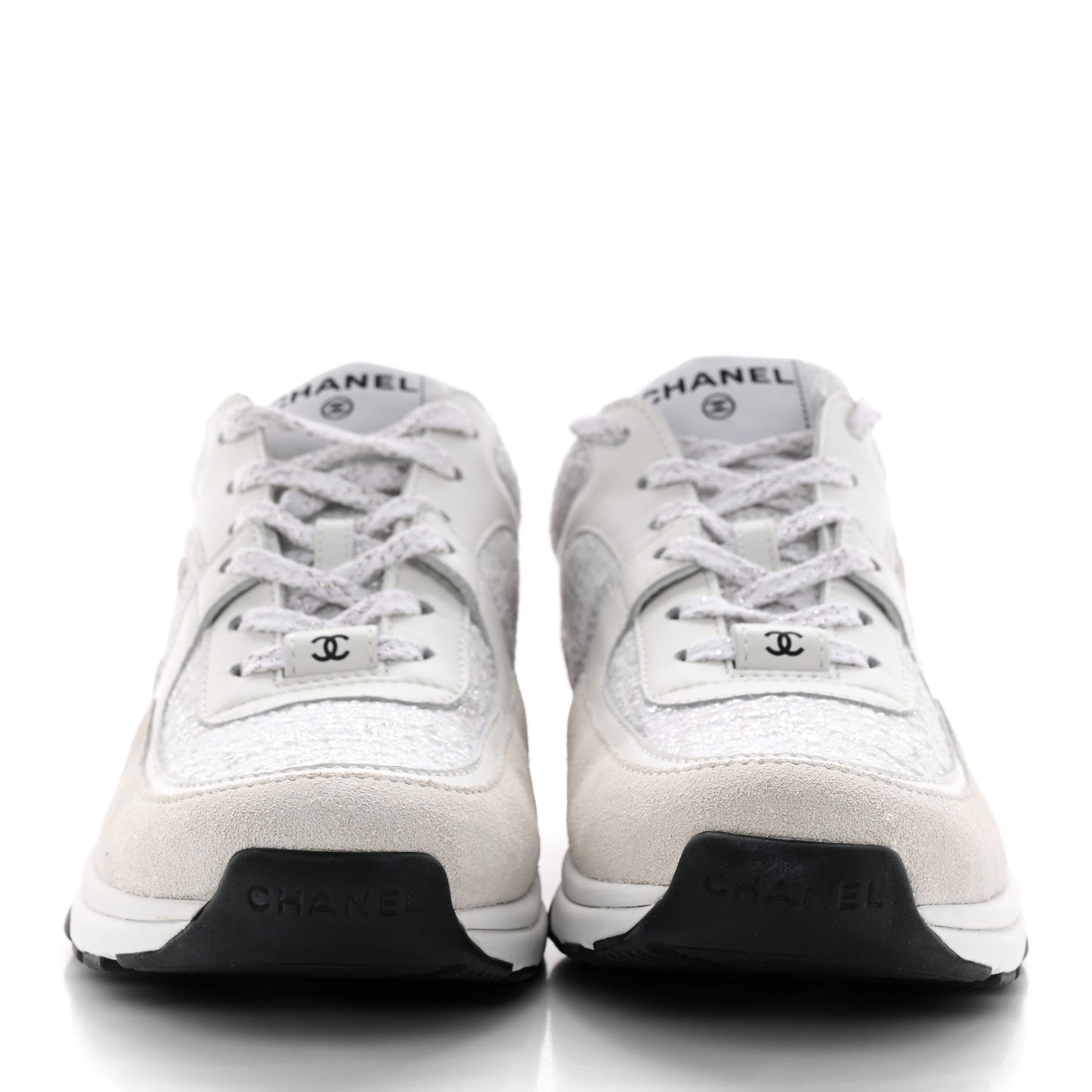 Painted Iridescent Cotton Tweed Suede Calfskin Womens CC Sneakers 37.5 White Silver Multicolor