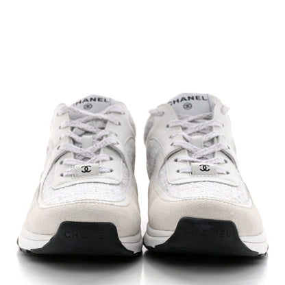 Chanel Painted Iridescent Cotton Tweed Suede Calfskin Womens CC Sneakers 37.5 White Silver Multicolor 2 of 13