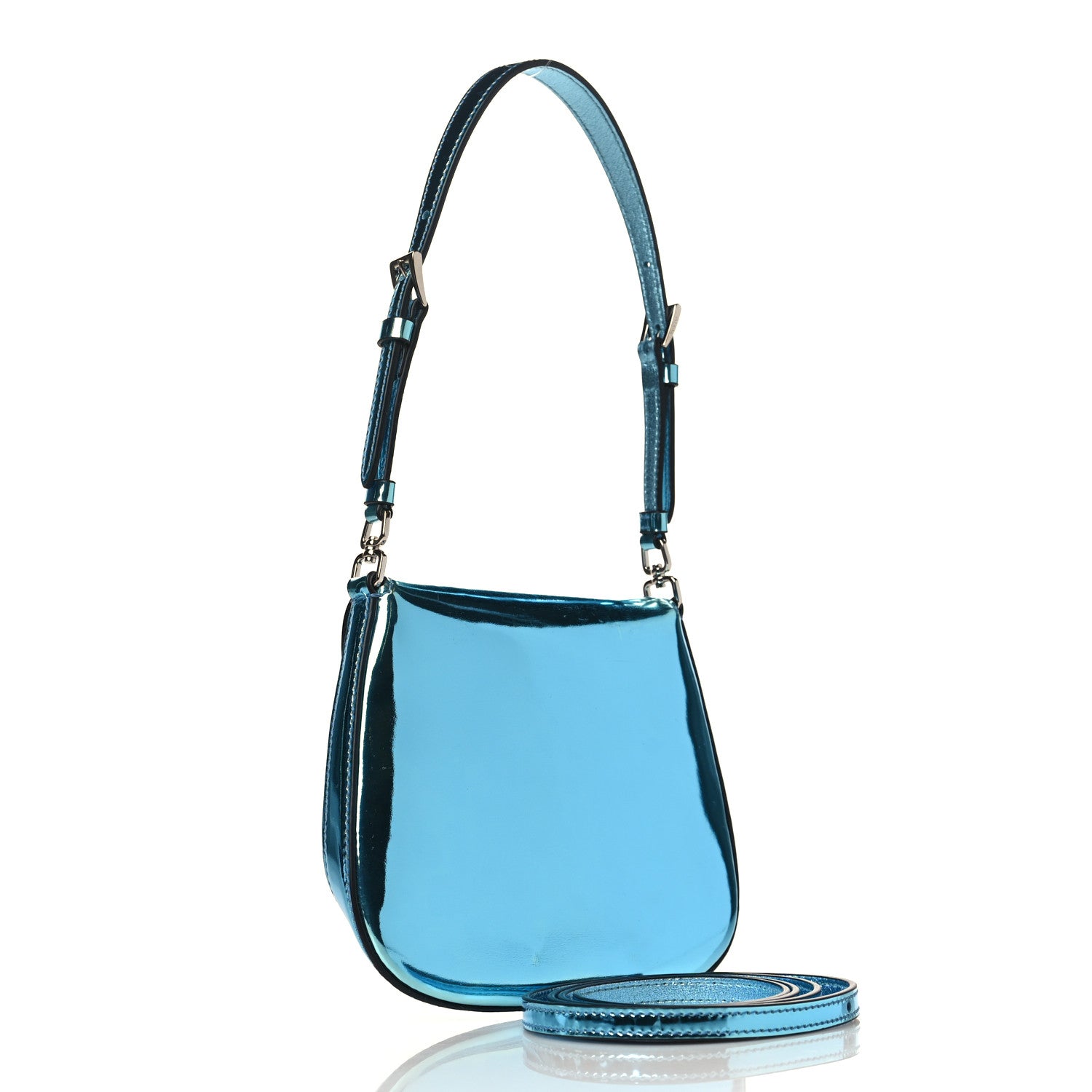 Prada Metallic Brushed Calfskin Mini Cleo Flap Adjustable Strap Shoulder Bag Blue 3 of 8