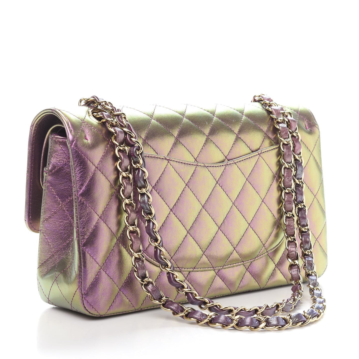 Iridescent Lambskin Quilted Medium Double Flap Purple