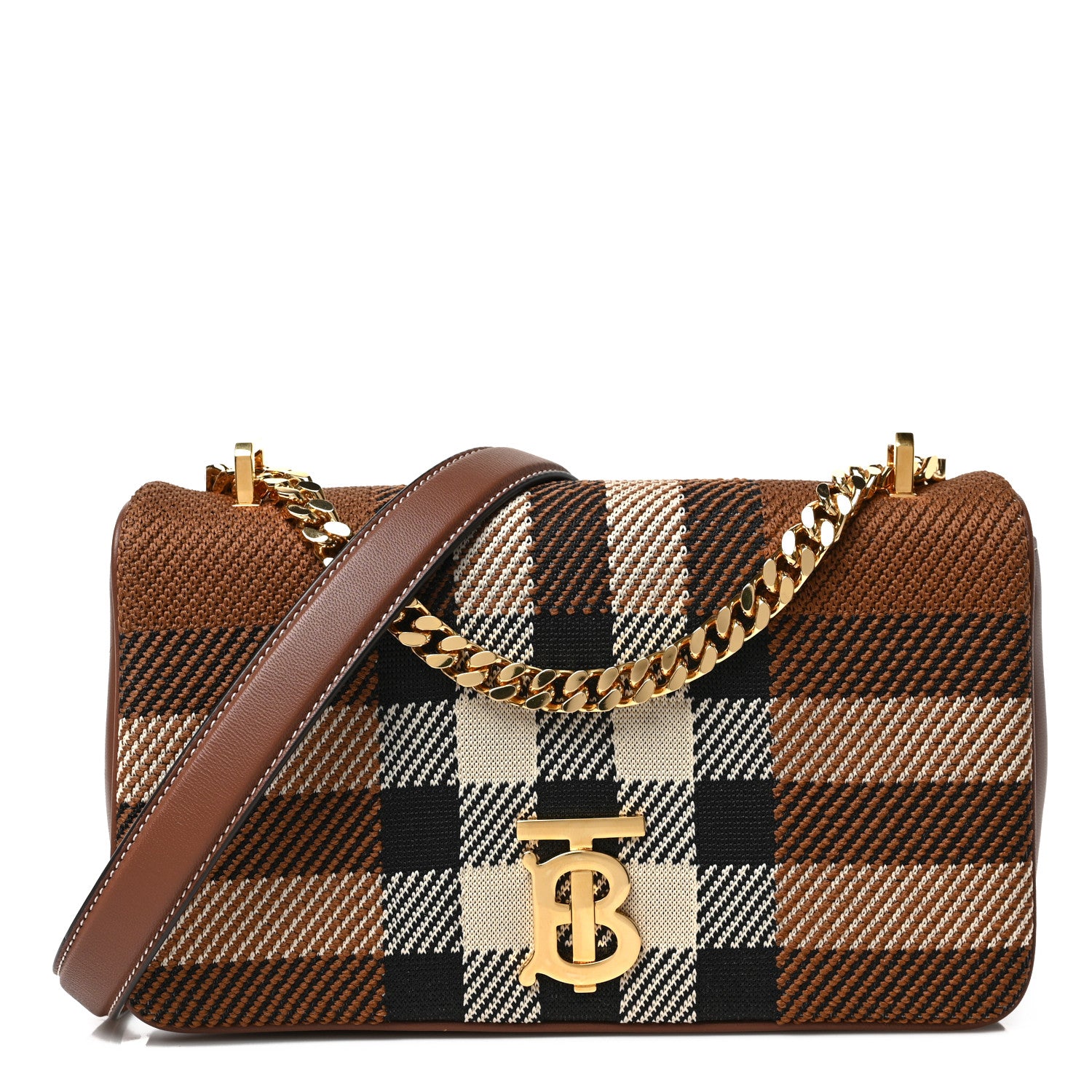 Burberry Calfskin Knit Check Small Lola Bag Dark Birch Brown 1 of 8