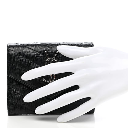 Saint Laurent Grain De Poudre Matelasse Chevron Monogram Compact Tri Fold Wallet Black 2 of 8