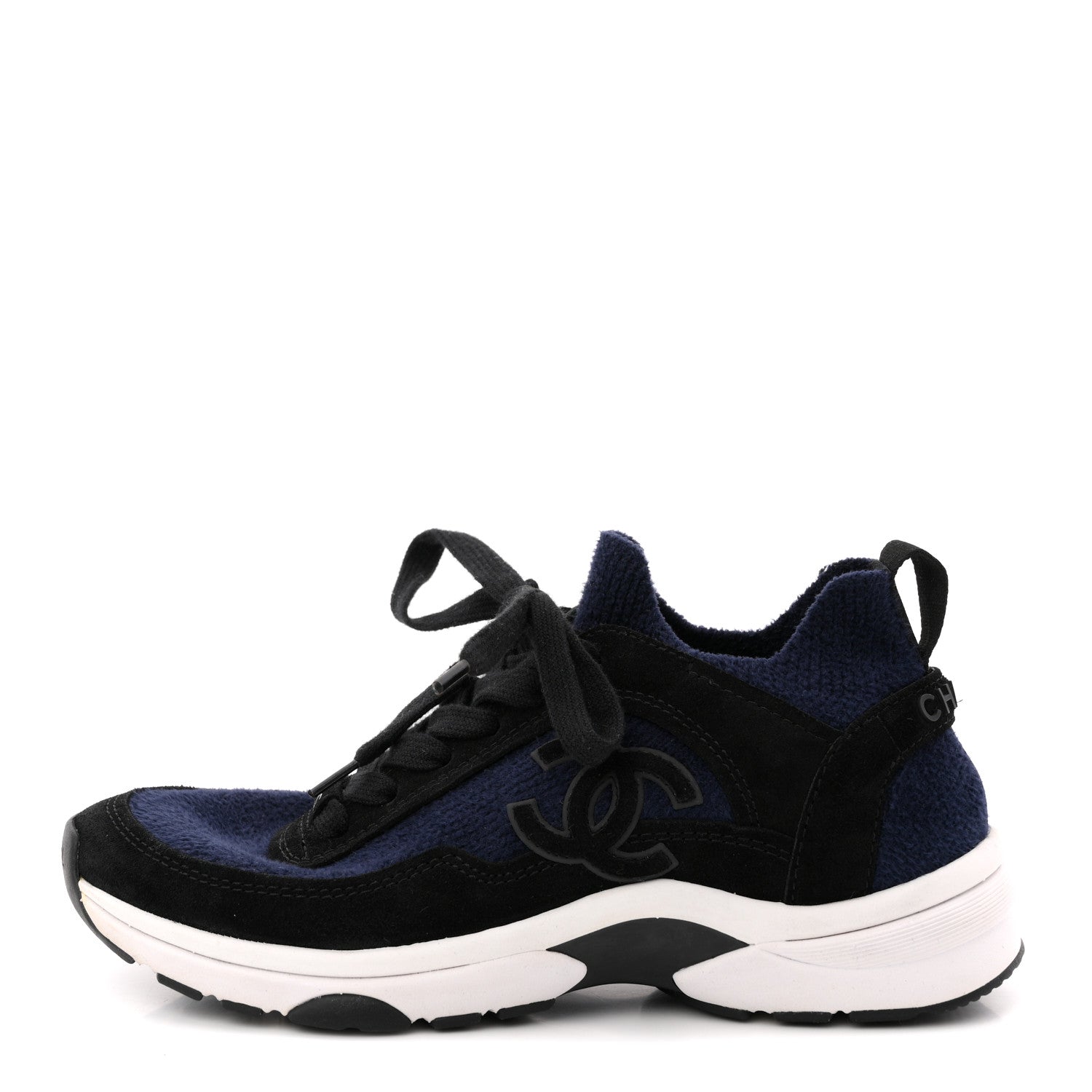 Chanel Knit Fabric Suede Calfskin Womens CC Sneakers 36 Navy Black 1 of 8