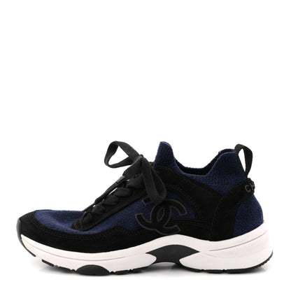 Chanel Knit Fabric Suede Calfskin Womens CC Sneakers 36 Navy Black 1 of 8