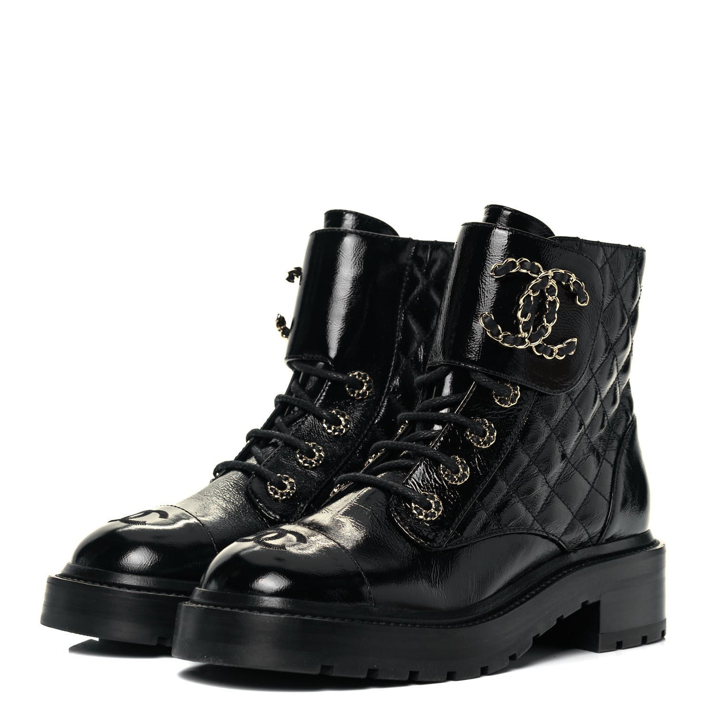 Shiny Calfskin Quilted Lace Up Combat Boots 37 Black
