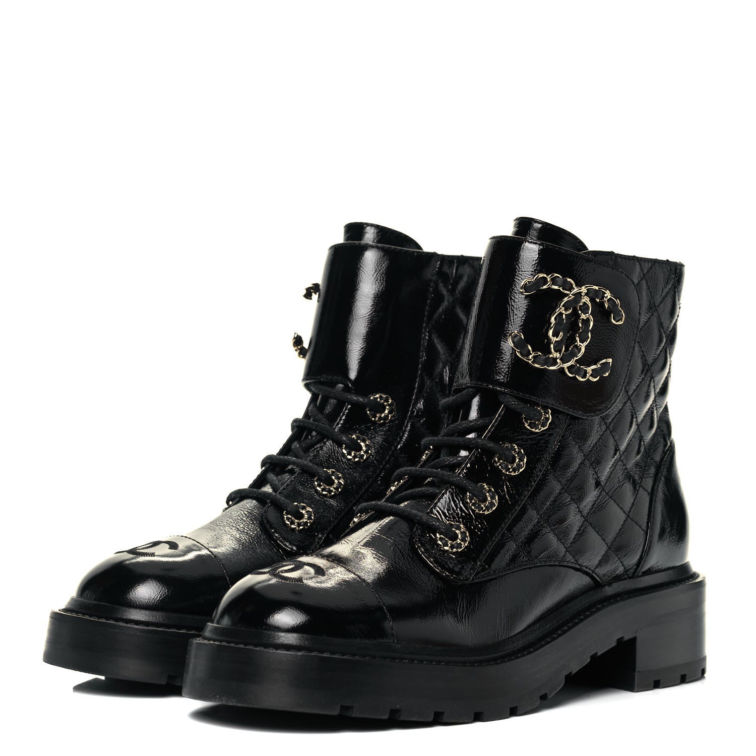 Chanel Shiny Calfskin Quilted Lace Up Combat Boots 37 Black 3 of 7