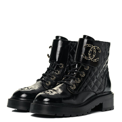 Chanel Shiny Calfskin Quilted Lace Up Combat Boots 37 Black 3 of 7