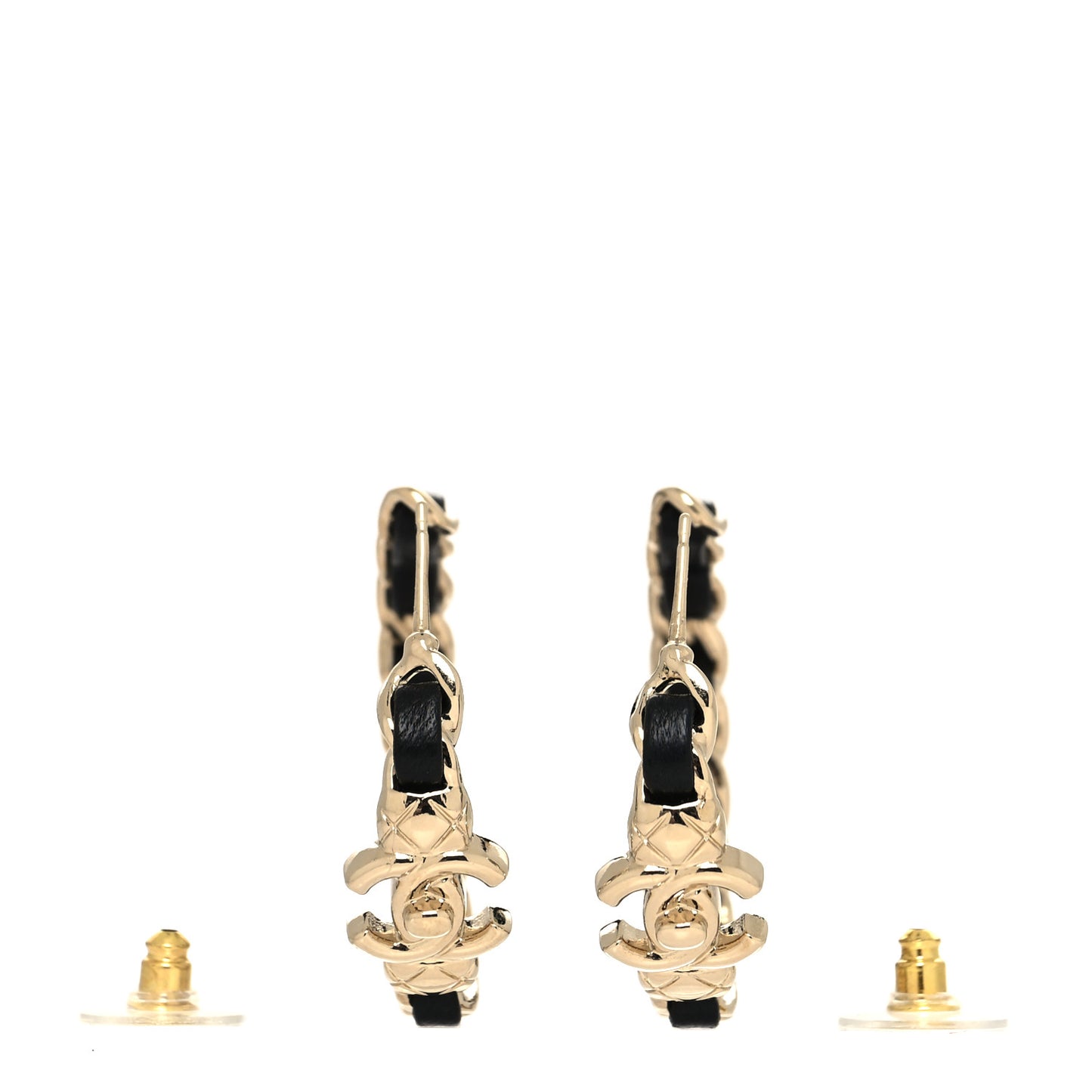 Metal Lambskin Quilted CC Turnlock Chain Hoop Earrings Gold Black