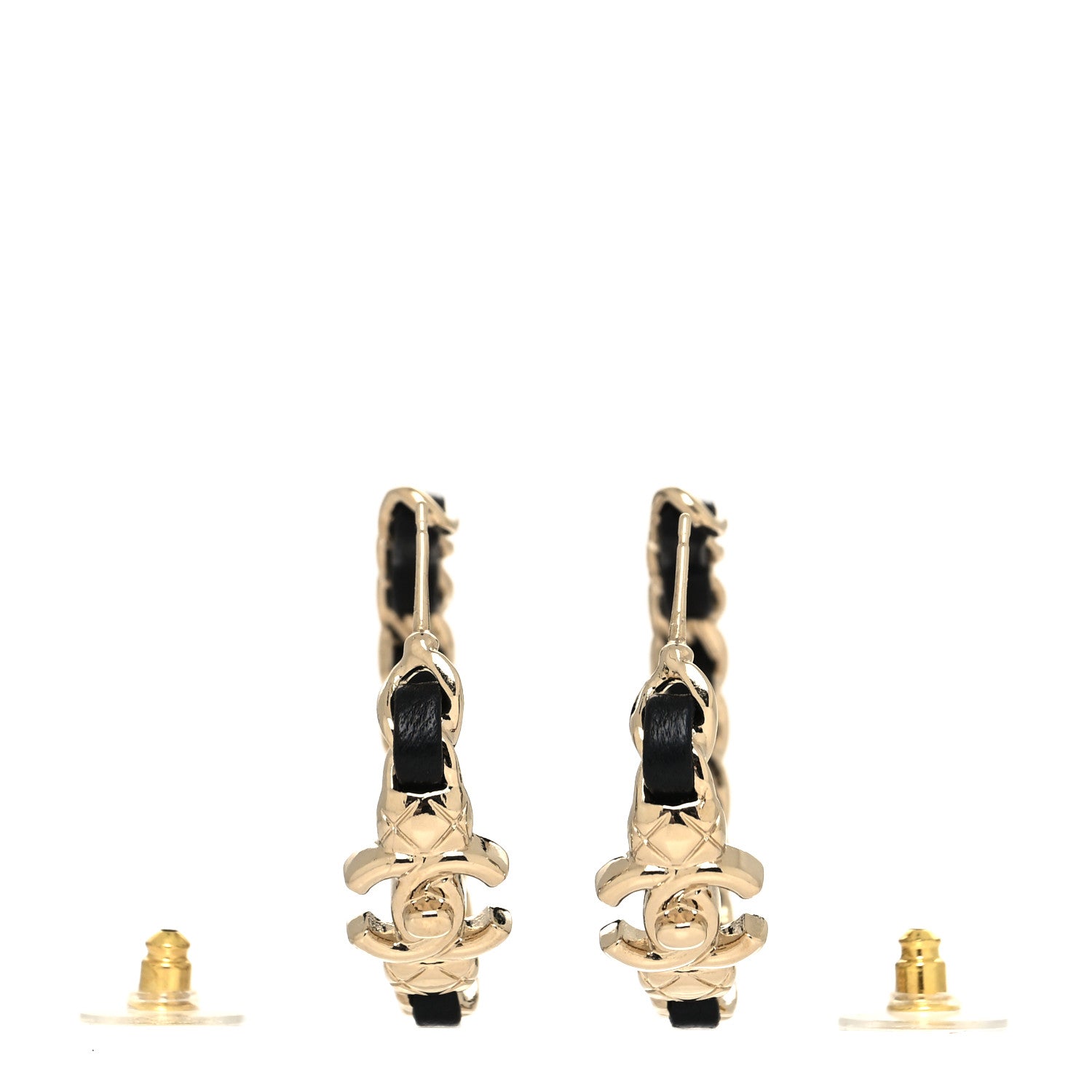 Chanel Metal Lambskin Quilted CC Turnlock Chain Hoop Earrings Gold Black 3 of 4