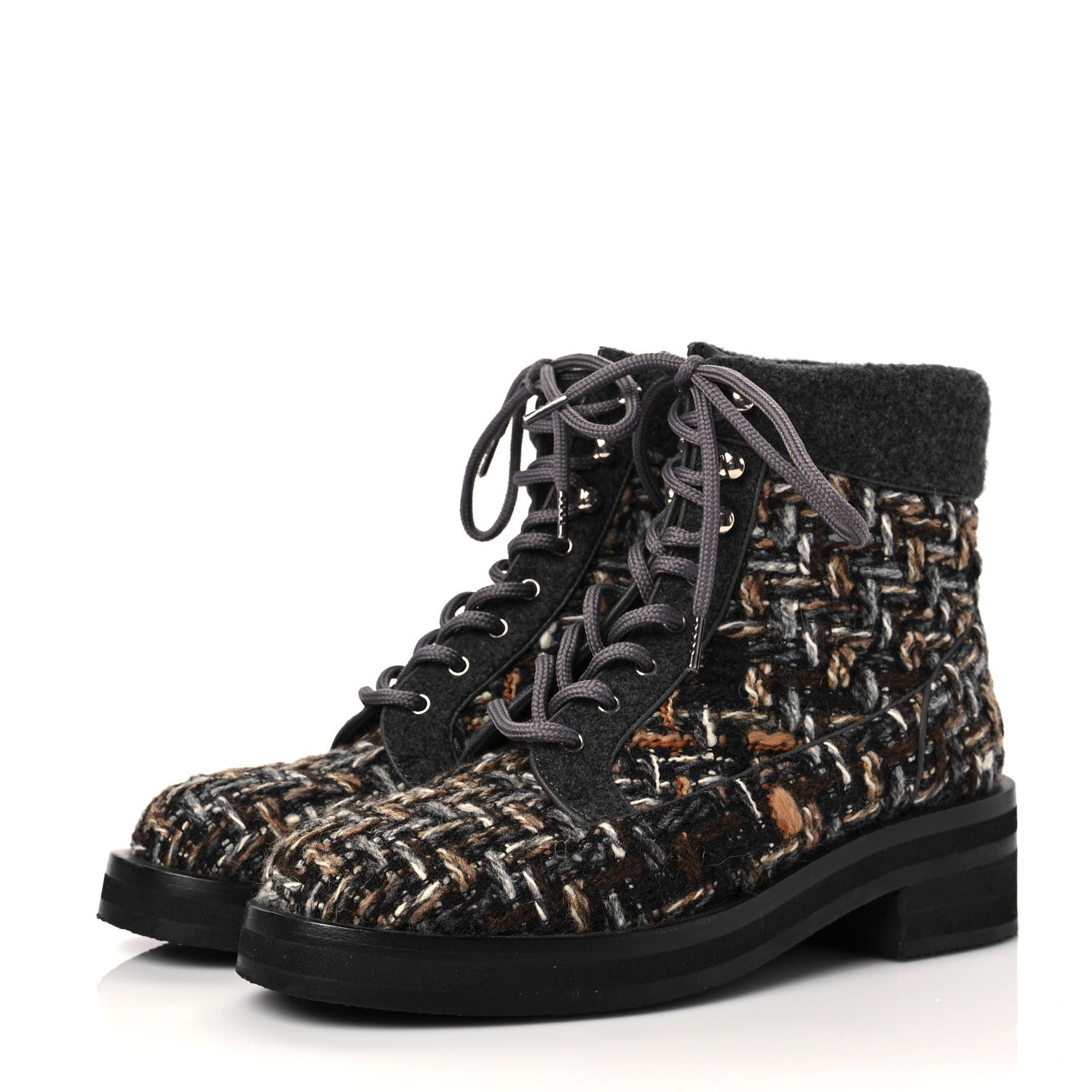 Chanel Tweed Lace Up Short Boots 38 Green Brown Black 3 of 7
