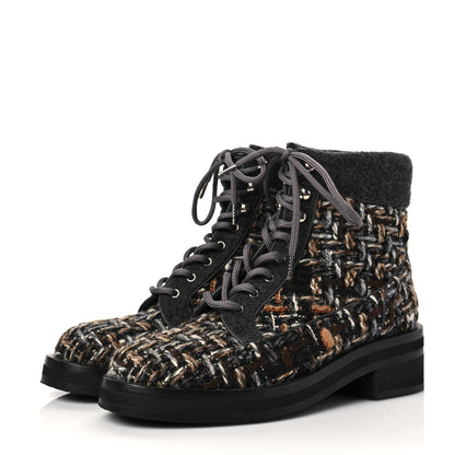 Chanel Tweed Lace Up Short Boots 38 Green Brown Black 3 of 7