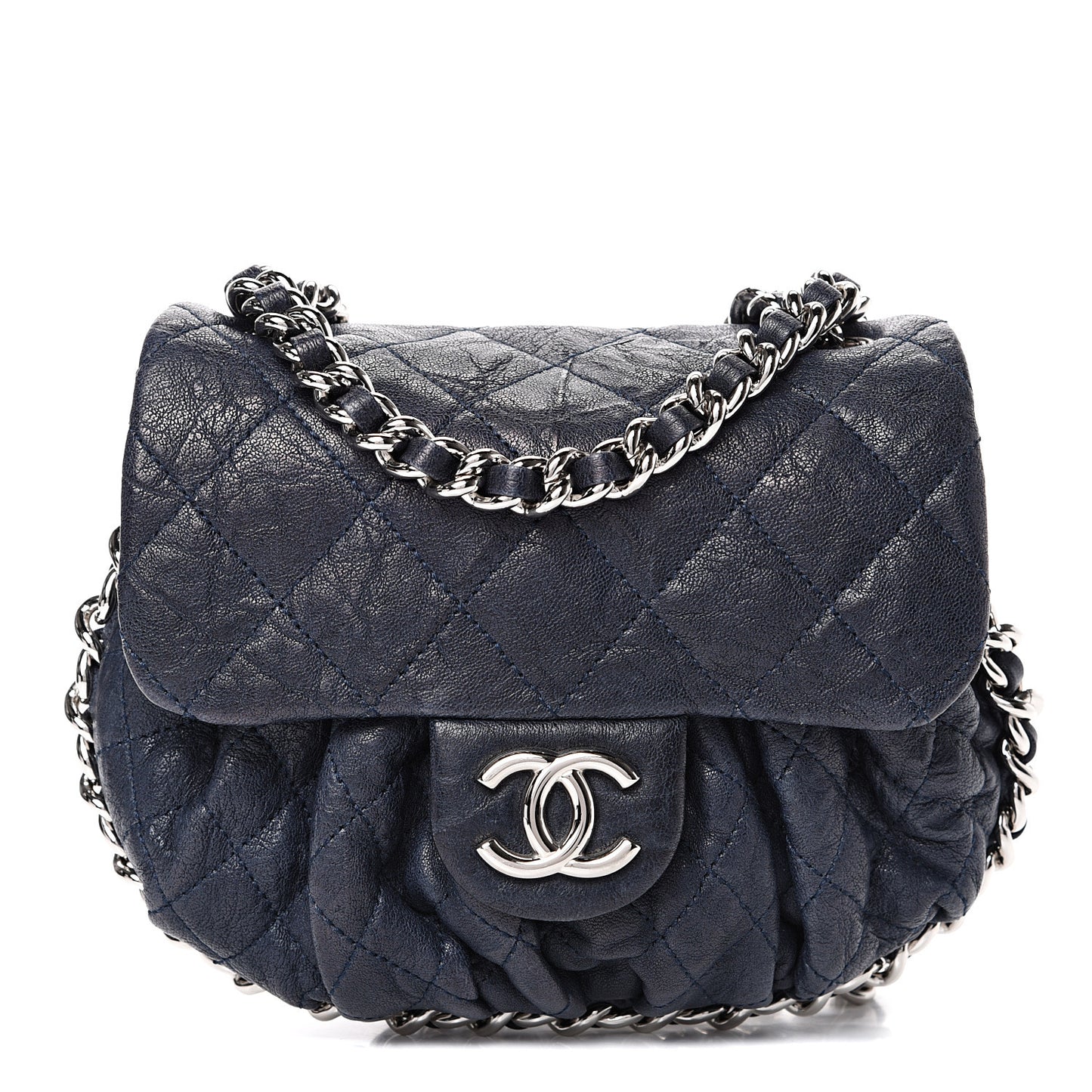 Washed Lambskin Quilted Mini Chain Around Flap Navy Blue
