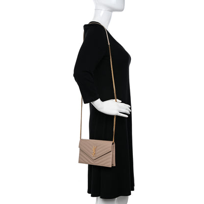 Saint Laurent Grain De Poudre Matelasse Chevron Monogram Envelope Chain Wallet Dark Latte 2 of 12