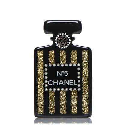 Chanel Resin Strass Perfume Bottle CC Brooch Black Gold 1 of 4