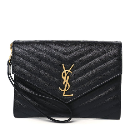 Saint Laurent Grain De Poudre Matelasse Chevron Monogram Envelope Clutch Black 1 of 8