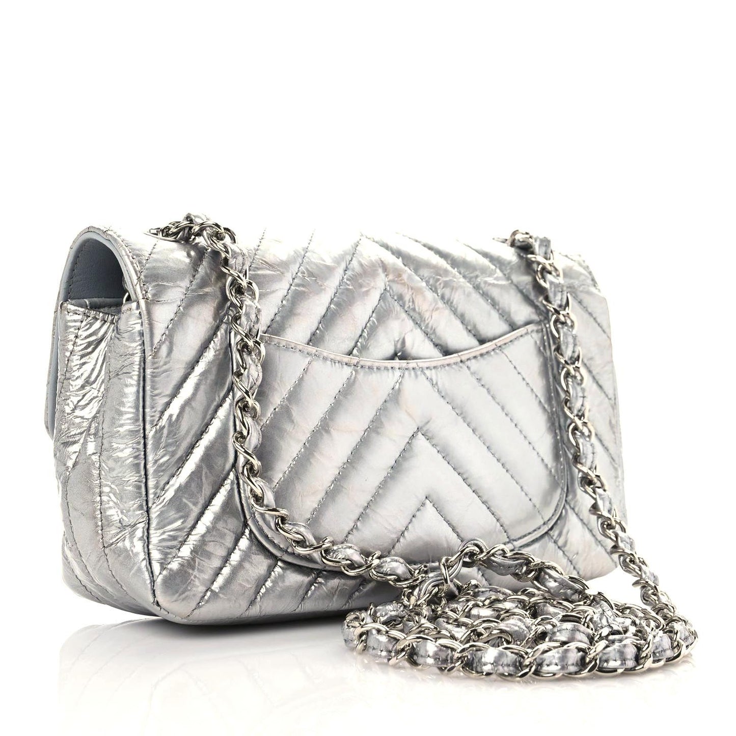 Patent Metallic Crumpled Calfskin Chevron Quilted Mini Rectangular Flap Silver
