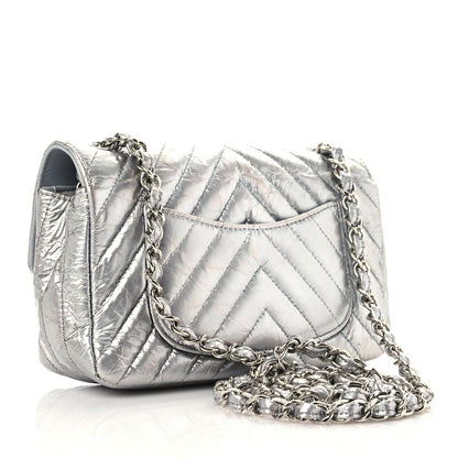 Chanel Patent Metallic Crumpled Calfskin Chevron Quilted Mini Rectangular Flap Silver 2 of 10