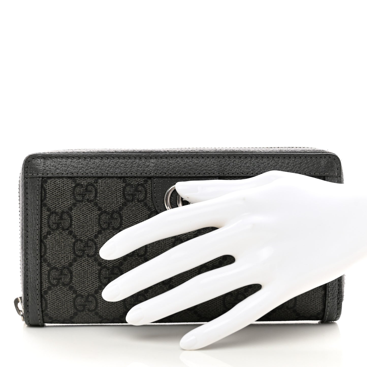 GG Supreme Monogram Textured Dollar Calfskin Ophidia Zip Around Wallet Grey Black Graphite Grey