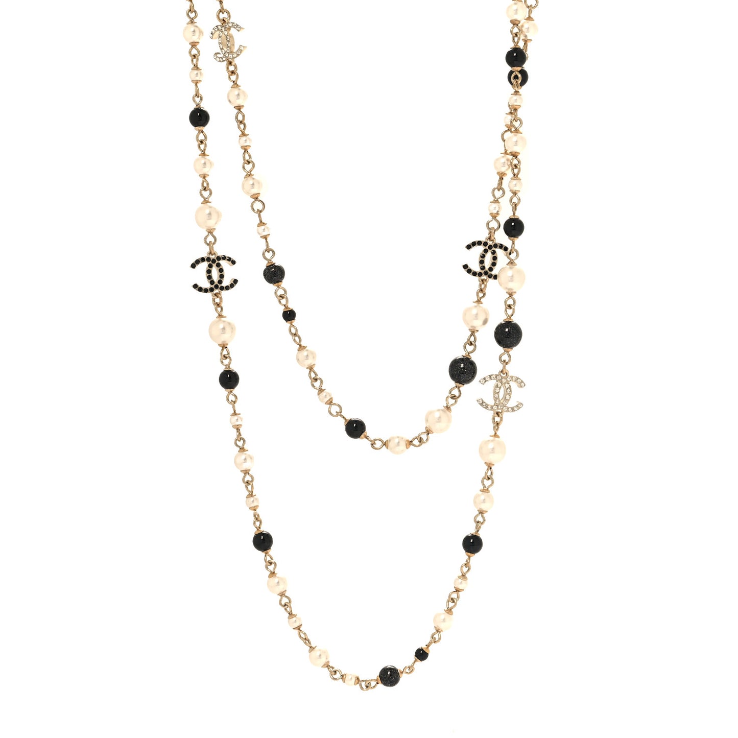 Pearl Crystal Bead CC Long Necklace Black White Gold
