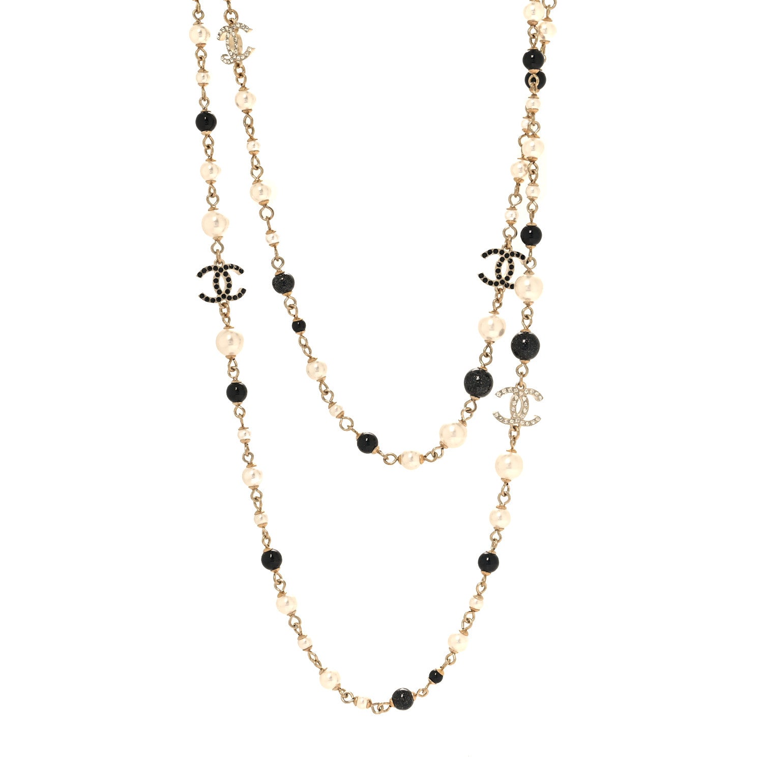 Chanel Pearl Crystal Bead CC Long Necklace Black White Gold 1 of 4