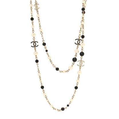 Chanel Pearl Crystal Bead CC Long Necklace Black White Gold 1 of 4