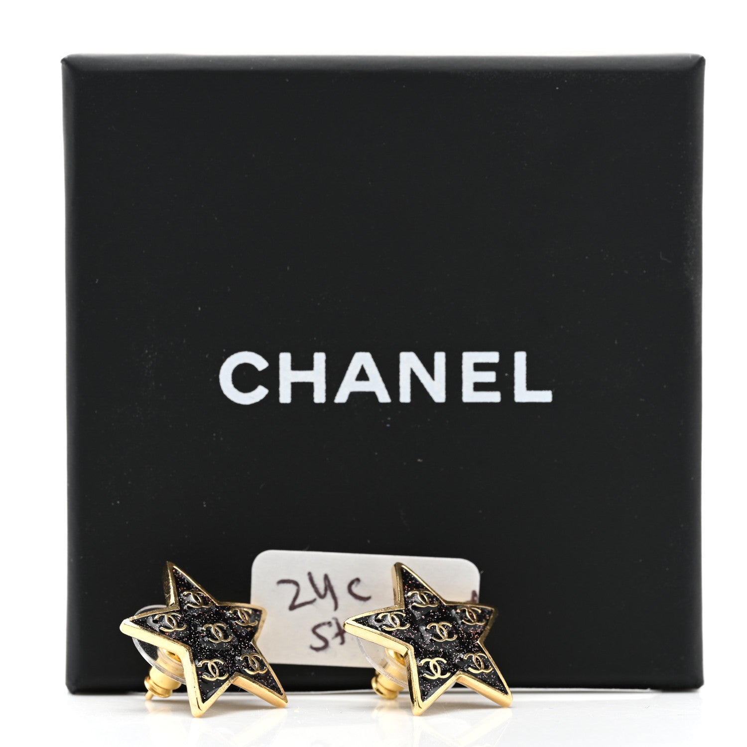 Chanel Metal Glitter Sparkle CC Star Earrings Gold Black 5 of 5
