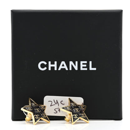 Chanel Metal Glitter Sparkle CC Star Earrings Gold Black 5 of 5
